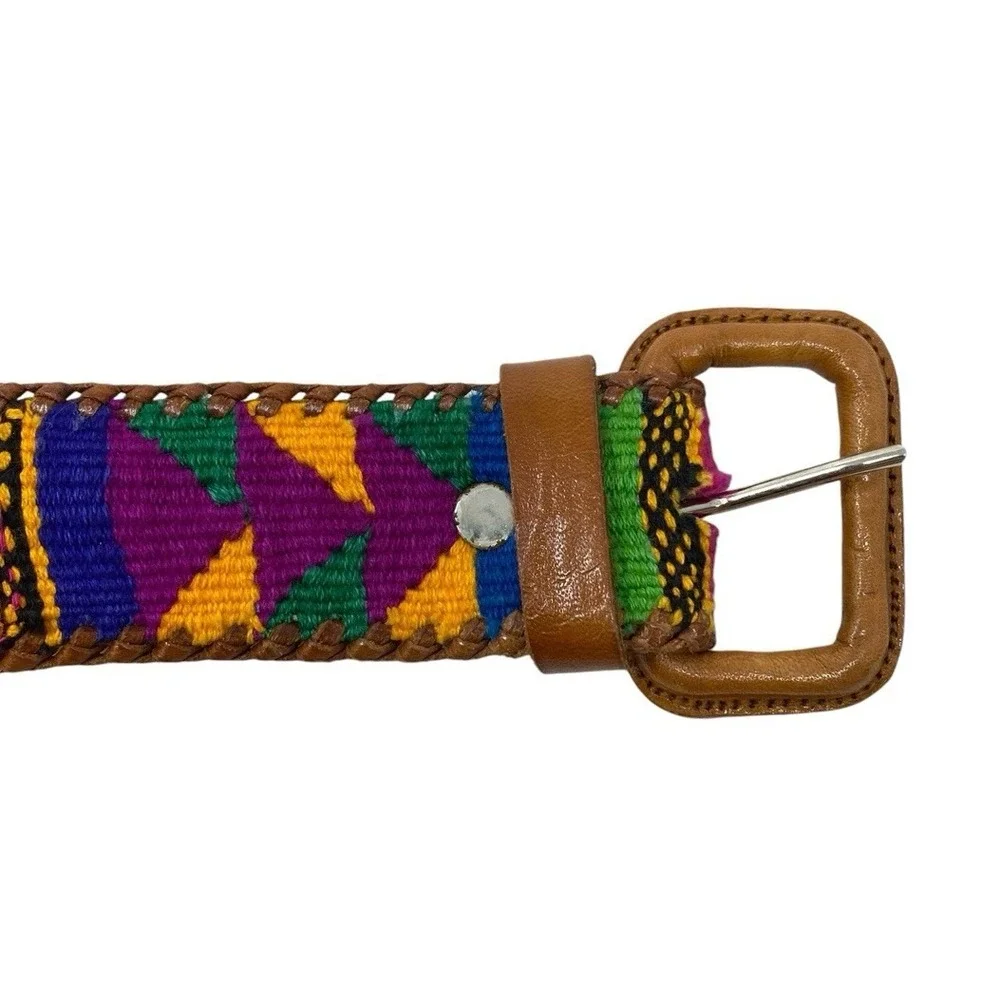 Vibrant Multicolor South Western Aztec Baja Style Belt Woven Leather Trim Sz 30